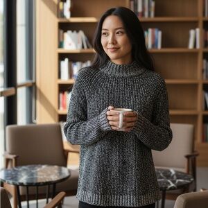 Eileen Fisher Mock Neck Sweater Sz S 100% Organic Cotton Black & White Cozy Knit